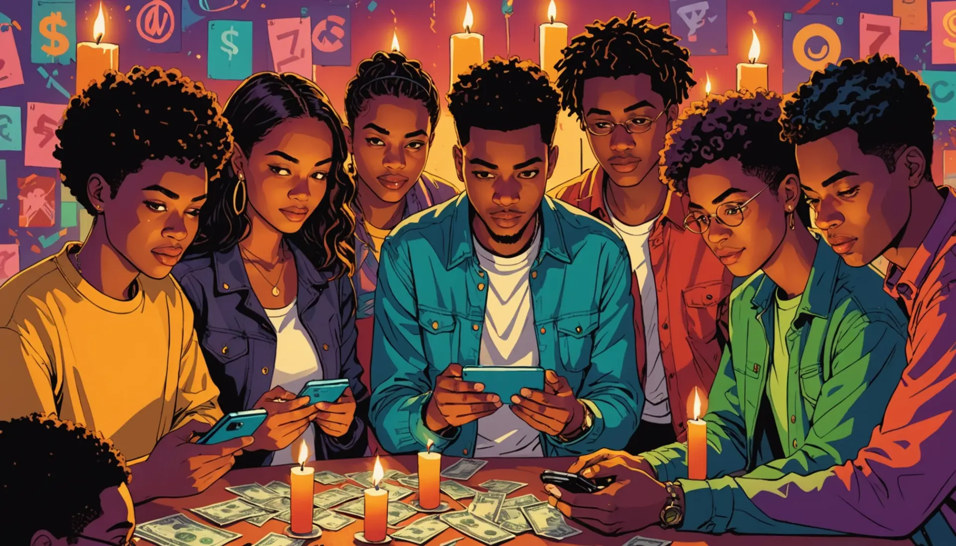 Illustration showing people asking 'what does kwanza mean' with symbols for currency and a holiday celebration
