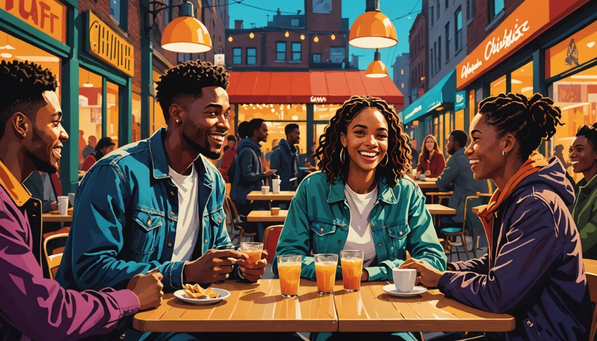 Bright editorial illustration of people using the phrase what does hijo mean in casual conversation, showing diverse urban characters