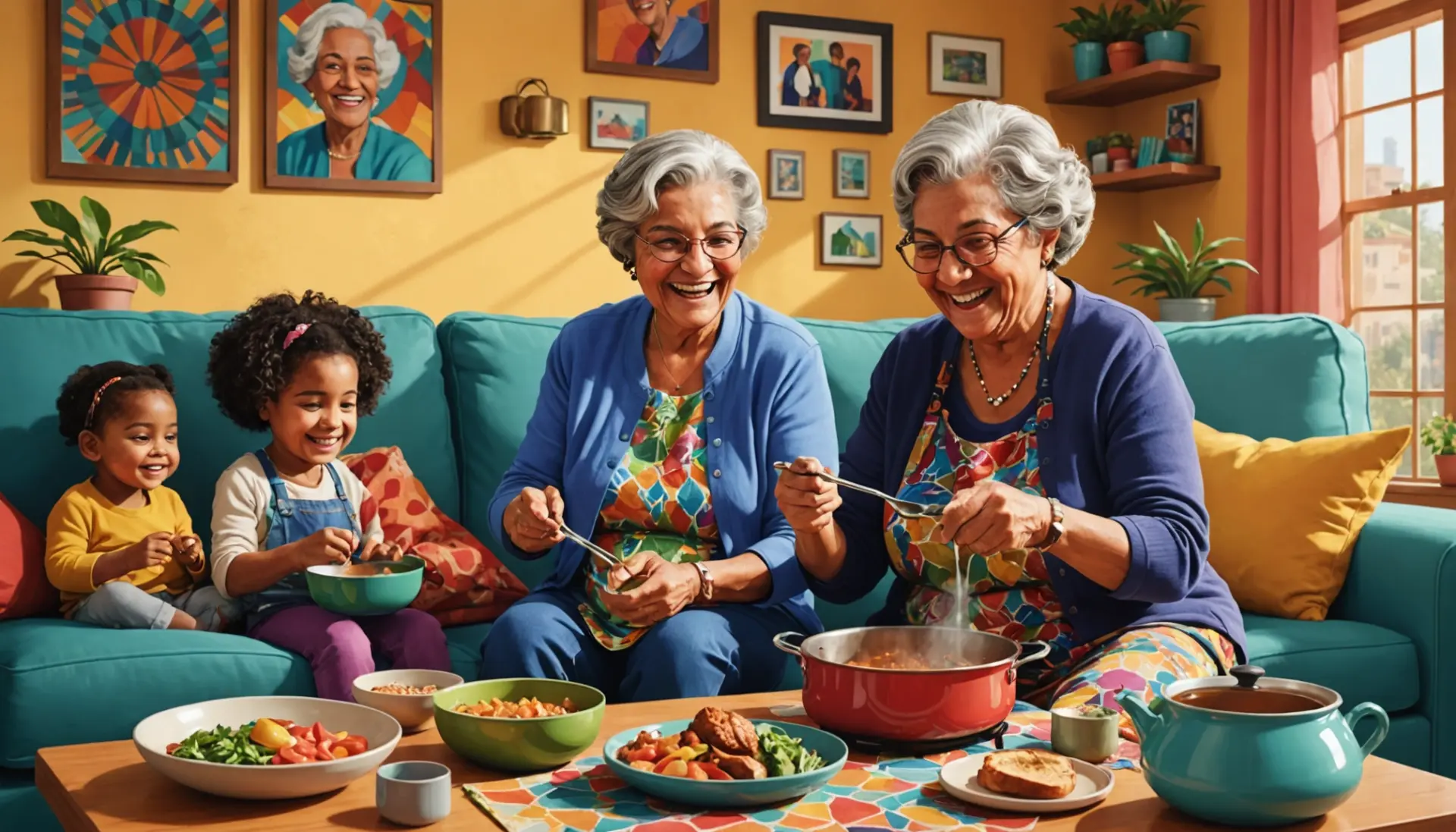 Editorial illustration showing a vibrant grandmother scene, what does abuela mean