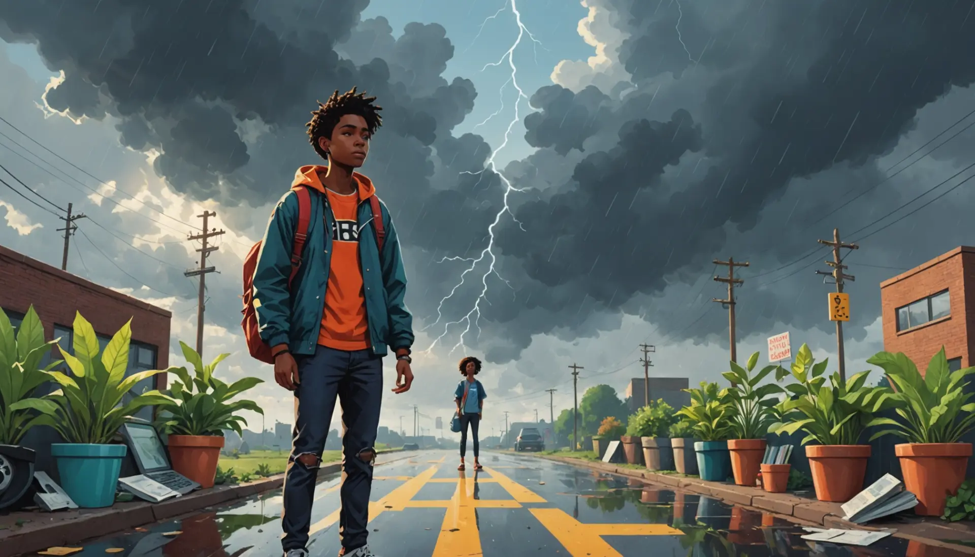 Editorial illustration showing a person facing adversity, title text reads nothing, and the scene evokes 'what does adversity mean' through imagery