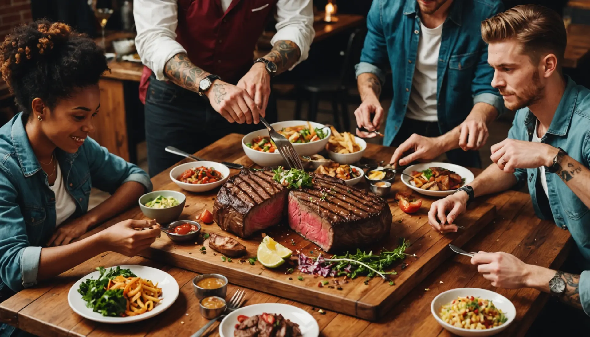 Editorial illustration of people enjoying a steak dinner, captioned scene reflecting the phrase steak meaning slang