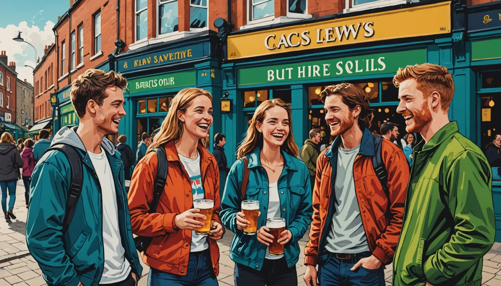 Editorial illustration of young people using melt uk slang in conversation, showing regional British vibes