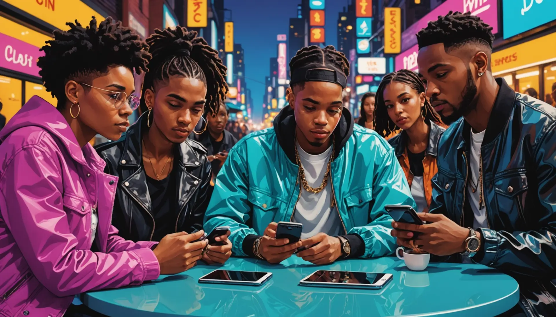 Editorial illustration showing people searching 'fish scale urban dictionary' on a smartphone, vibrant street-culture scene with album references