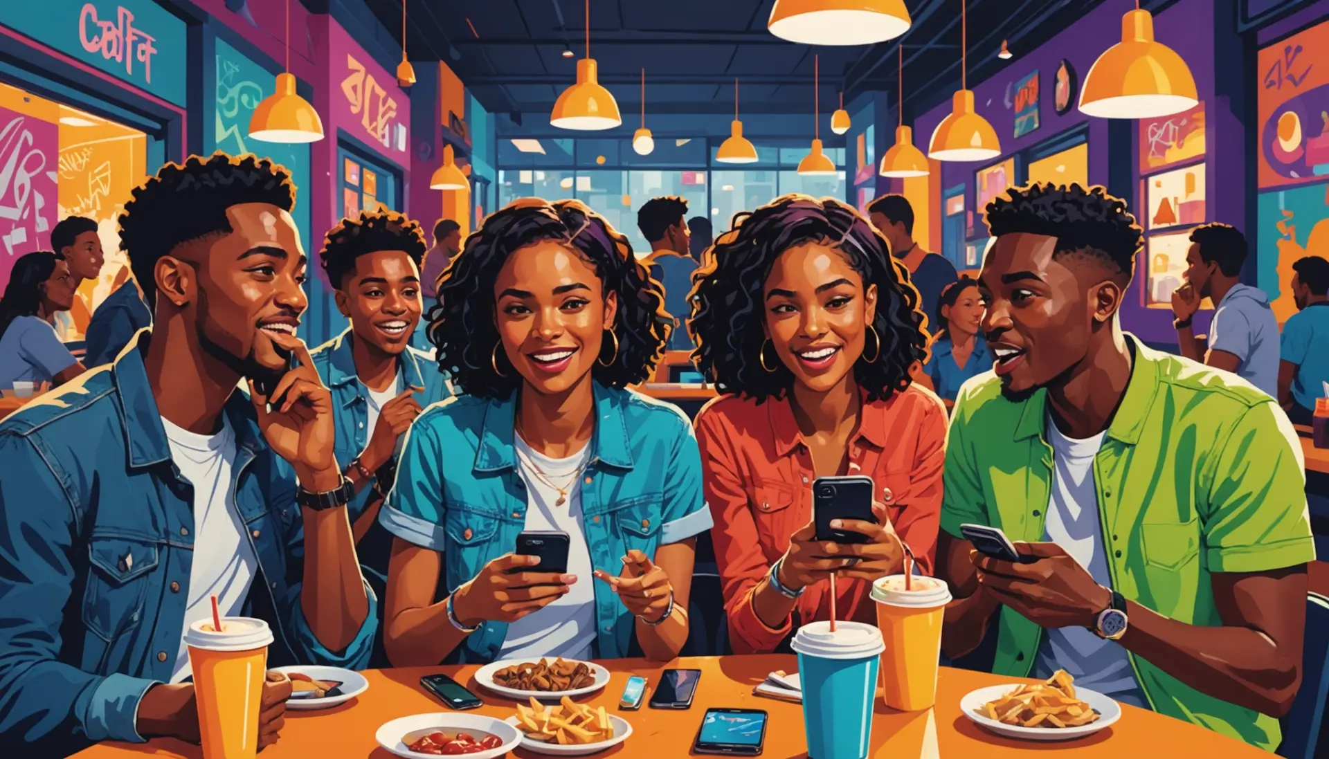 Editorial illustration showing people reacting to the phrase chode slang in a lively urban scene