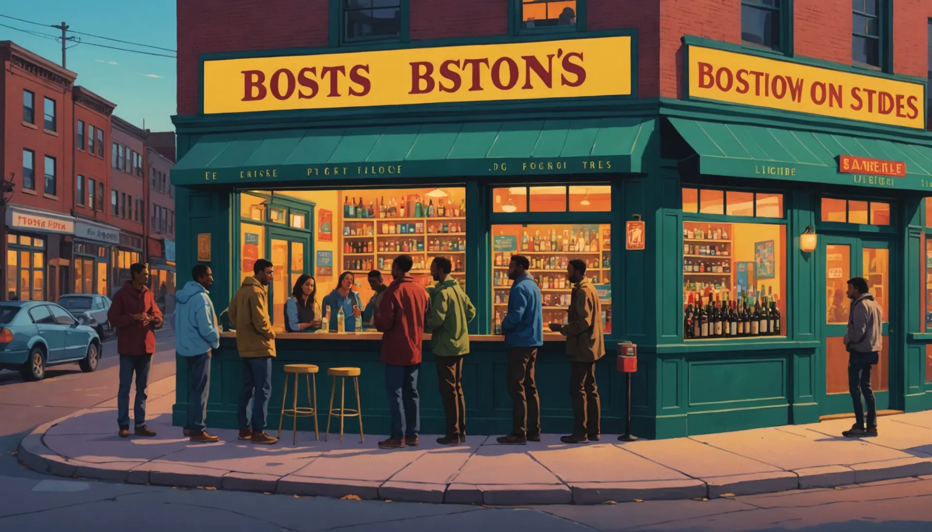 Illustration of people chatting outside a Boston liquor store with 'boston liquor store slang' vibes