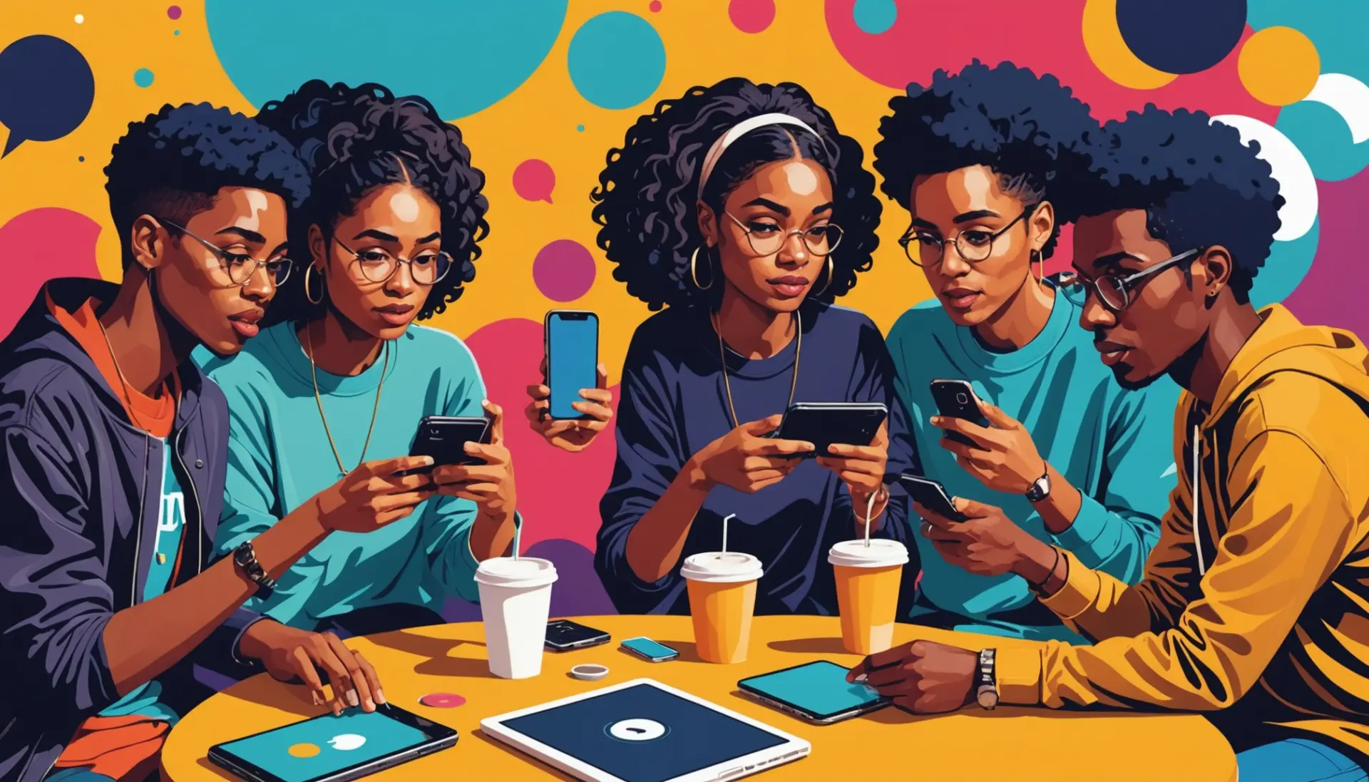 Editorial illustration of people texting with the phrase what is wym mean in text visible in speech bubbles