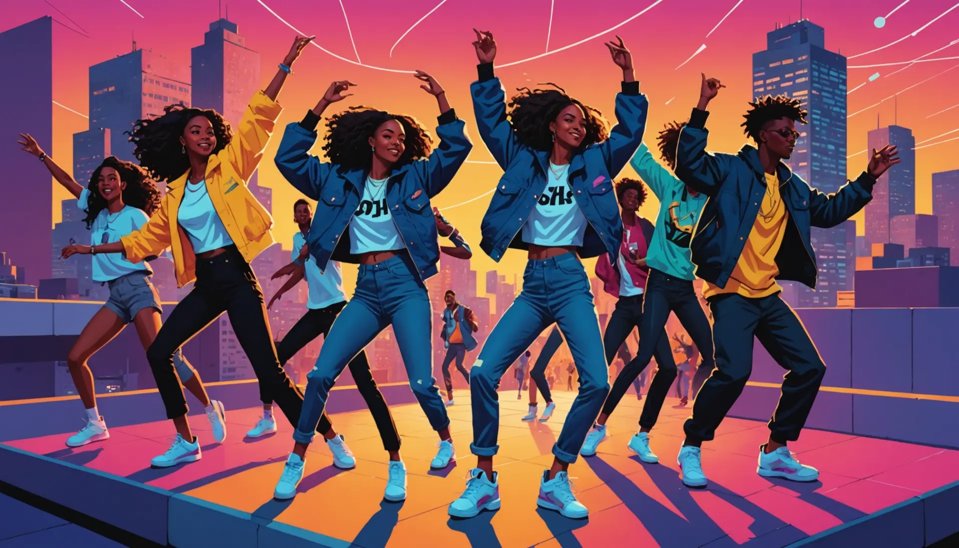 Editorial illustration showing young people enjoying music with caption vibes referencing bop urban dictionary meaning