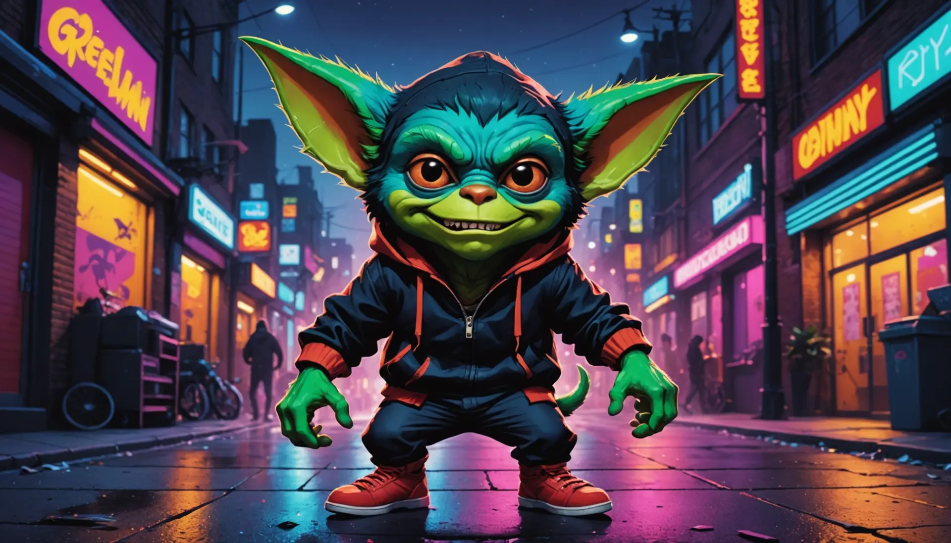 Editorial illustration of a mischievous gremlin figure with neon street art vibes, caption referencing gremlin urban dictionary