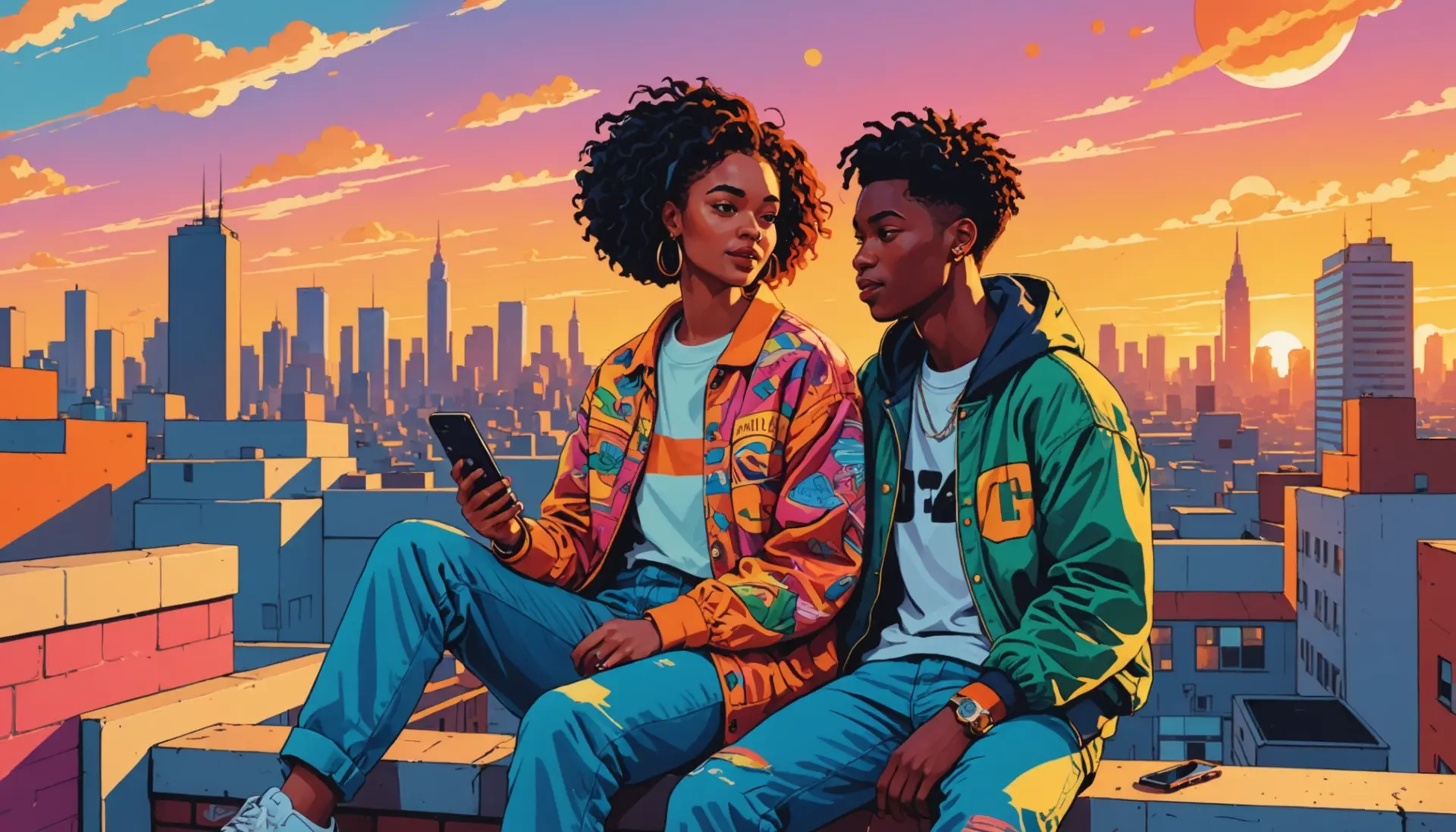 Bright editorial illustration of friends kanoodling with playful energy, kanoodle urban dictionary