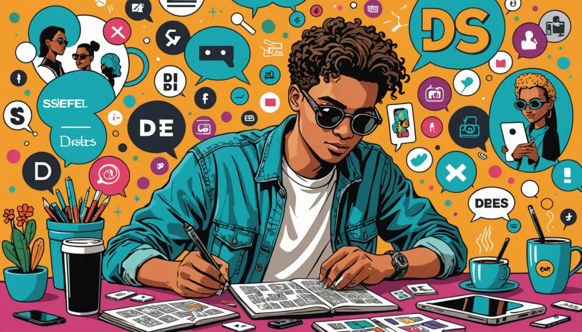 Editorial illustration showing a crossword clue 'throws in slang' concept with a solver thinking about the word 'disses', highlighting throws in slang crossword