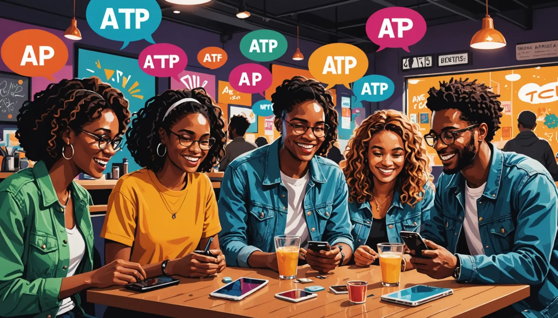 Editorial illustration showing friends texting 'atp slang' on phones in a colorful urban cafe