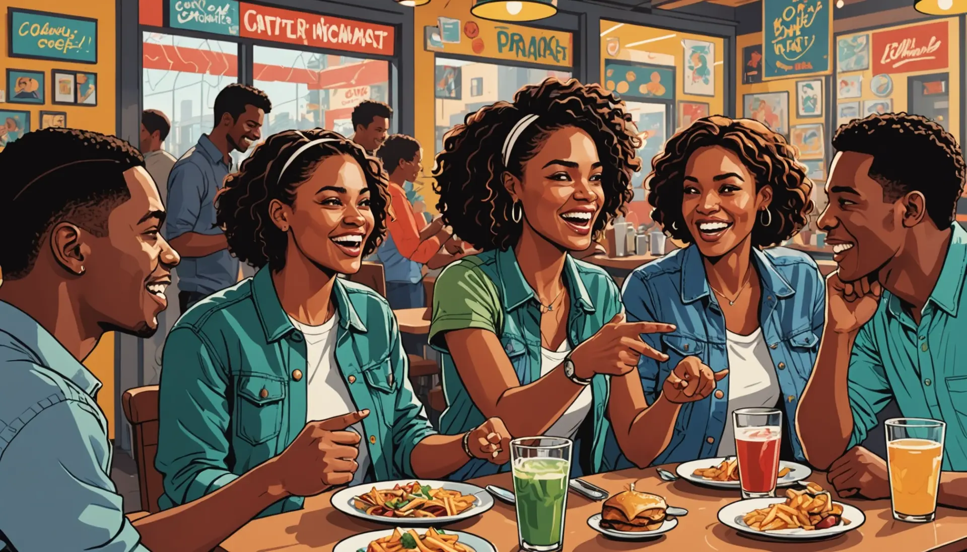Vibrant editorial illustration of friends using boom slang in conversation, showing animated expressions and speech bubbles with the phrase boom slang