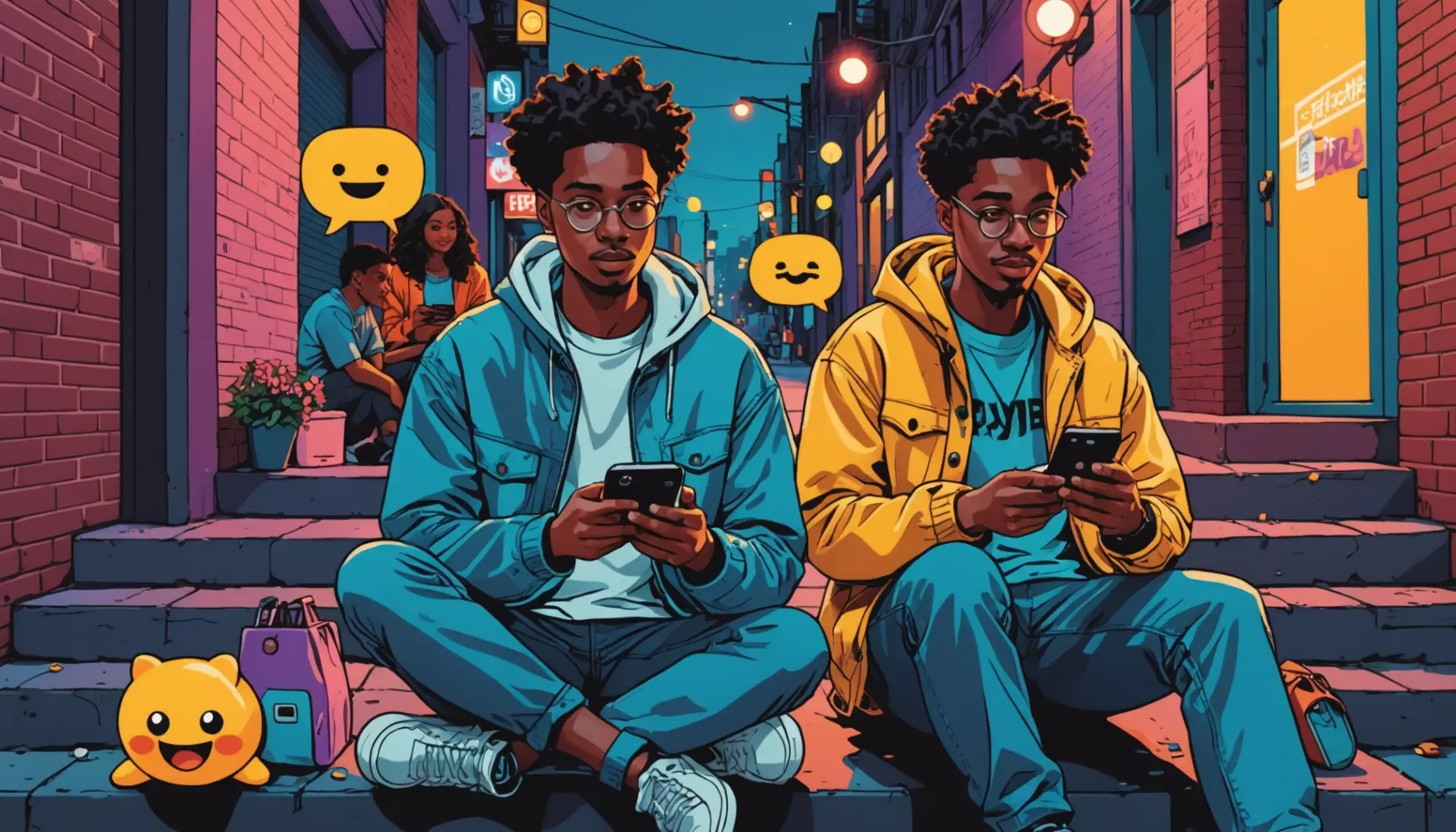 Editorial illustration showing people texting with the phrase what does syt mean in text freaky floating as icons