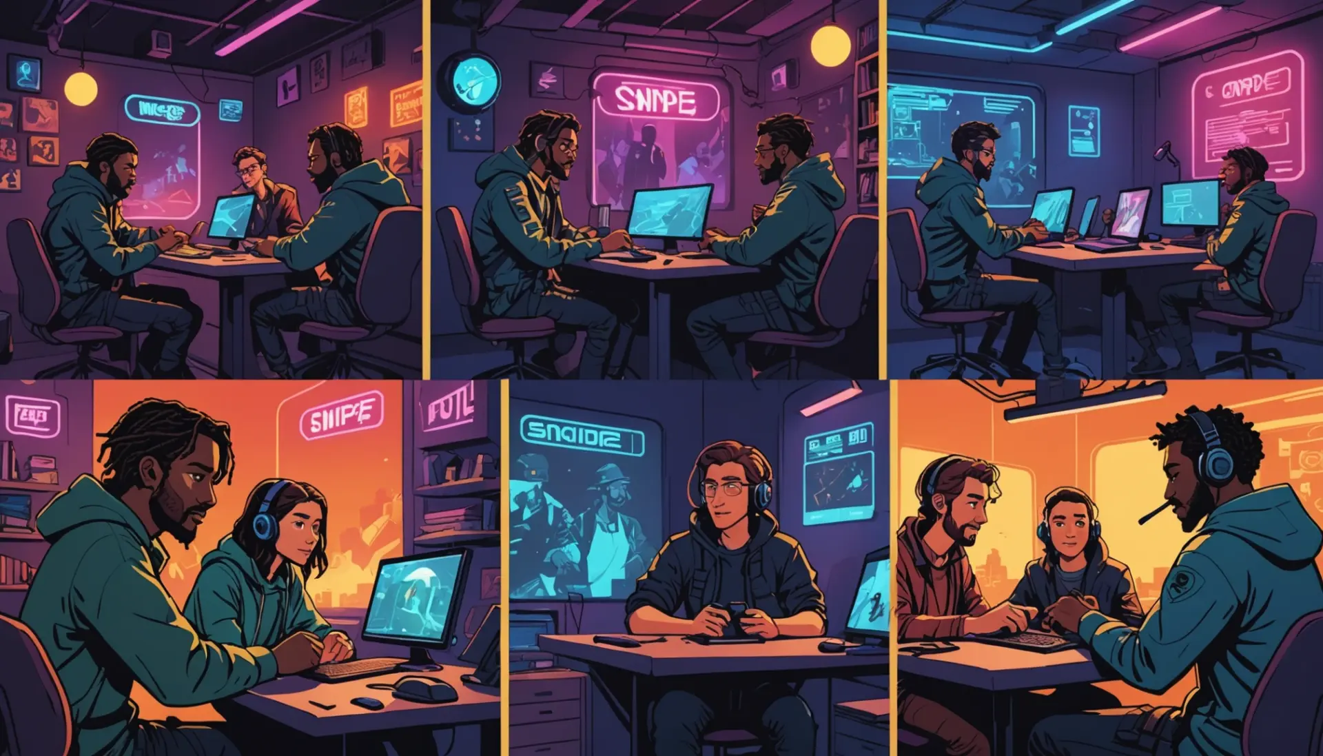 Editorial illustration showing the phrase snipe meaning slang through characters doing a stealthy online roast and a gamer sniping across a virtual map