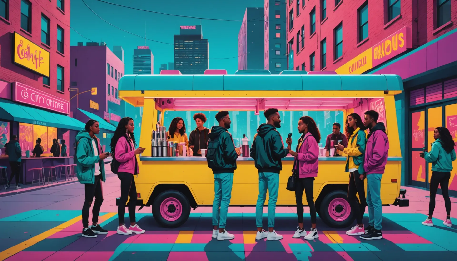 Editorial illustration of friends meeting, labeled with the phrase link up urban dictionary in the description