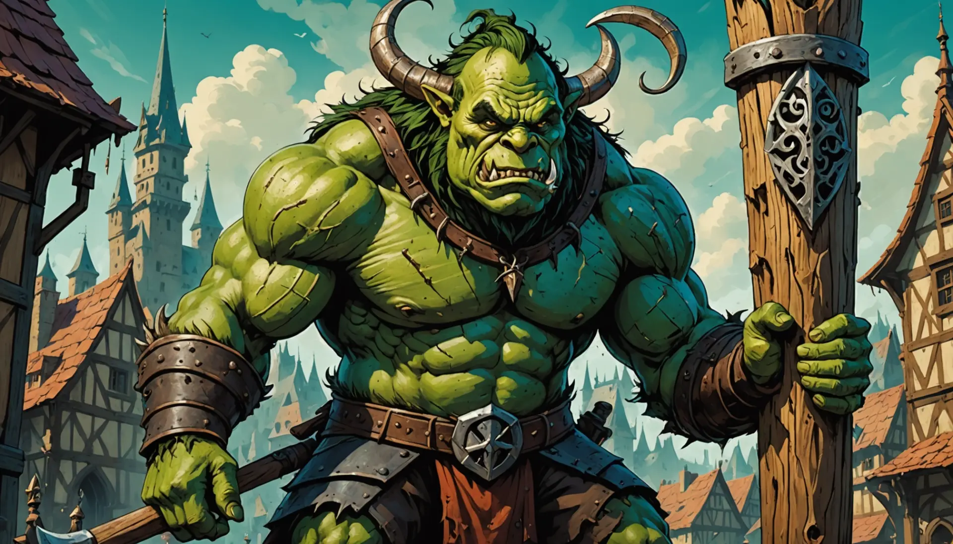 Editorial illustration showing the phrase what does ogre on a pike mean as a dramatic scene of a fantasy ogre on a spike: stylized, no text