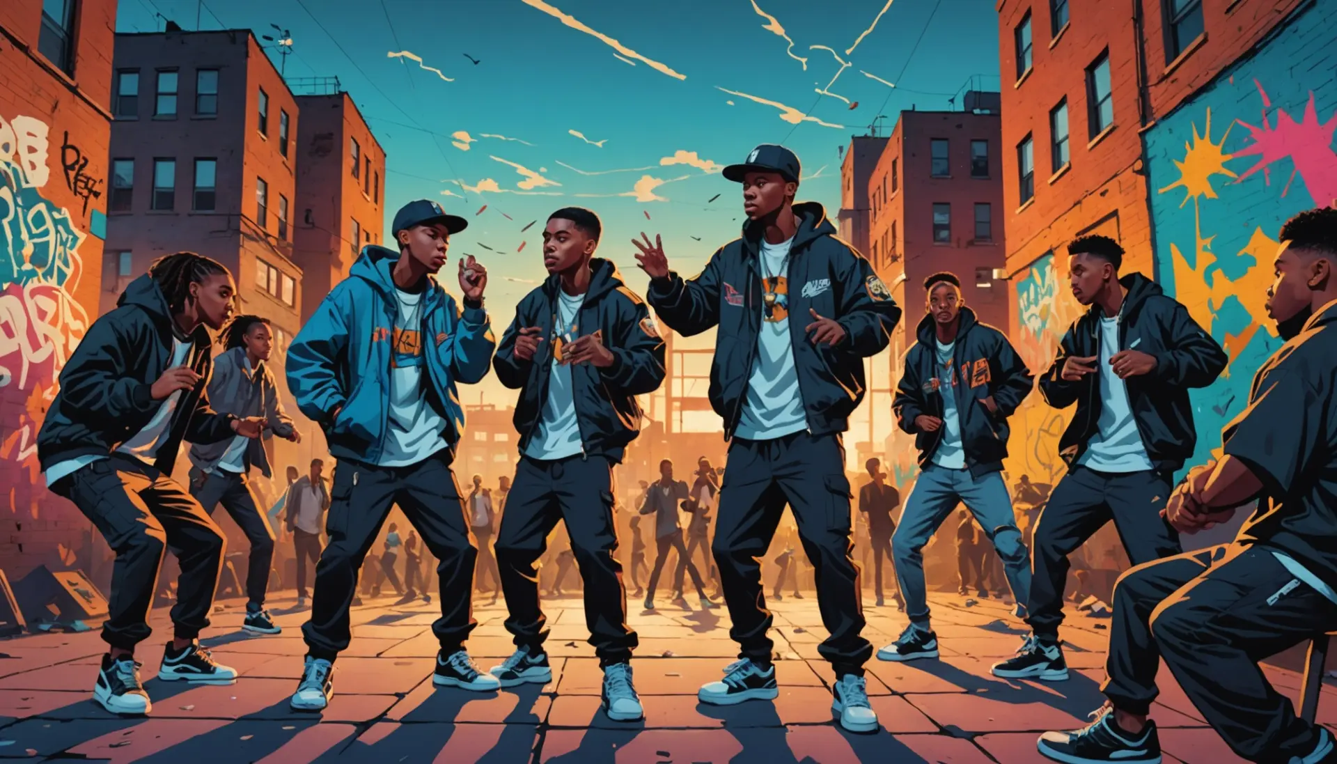 Editorial illustration of a hip-hop cypher scene with the phrase cyph urban dictionary vibe