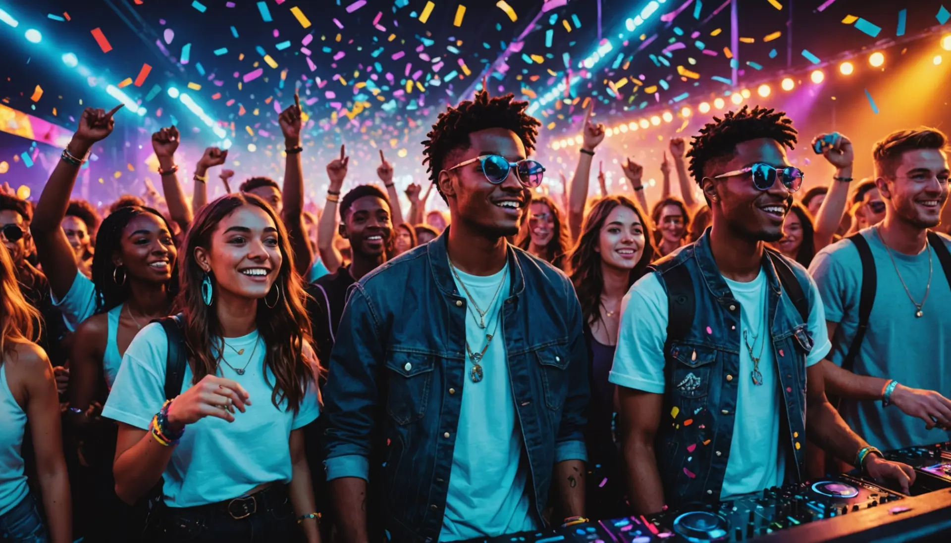 Editorial illustration of festival-goers with neon lights and the phrase what is a mandy slang implied through imagery