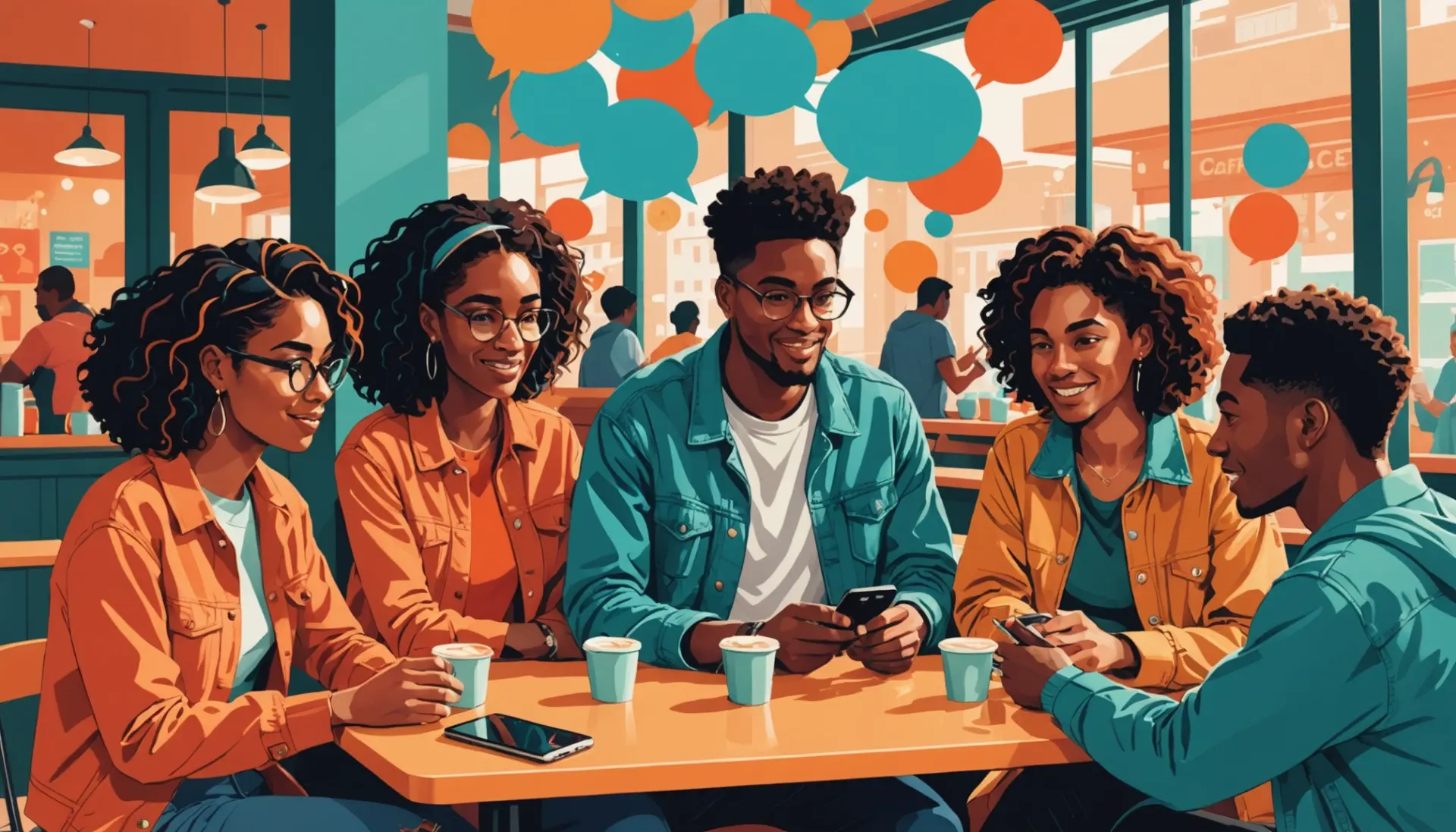 Editorial illustration of young people texting with the phrase gng slang visible in a chat bubble style