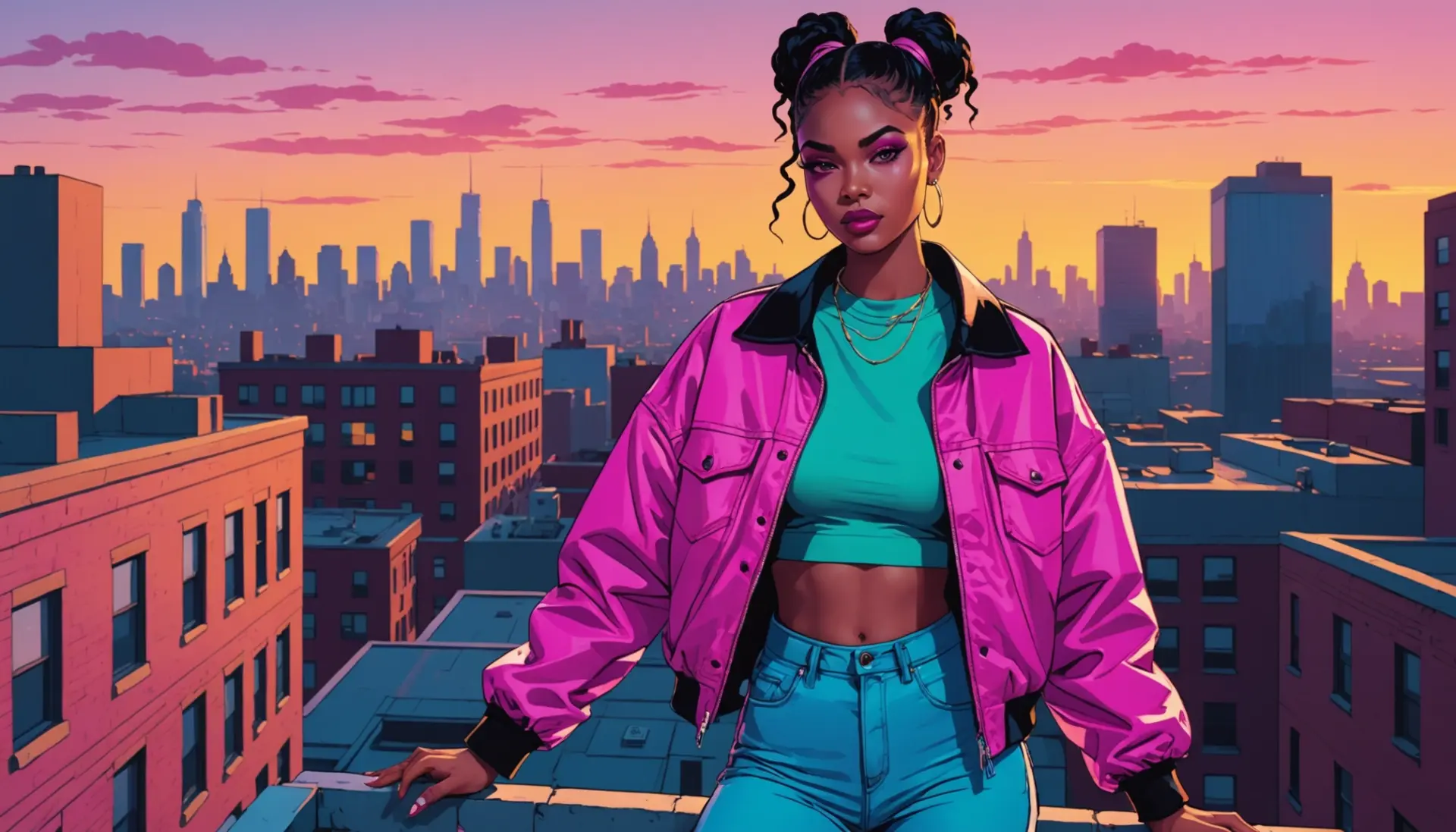 Editorial illustration of an urban dictionary baddie in vibrant streetwear and makeup