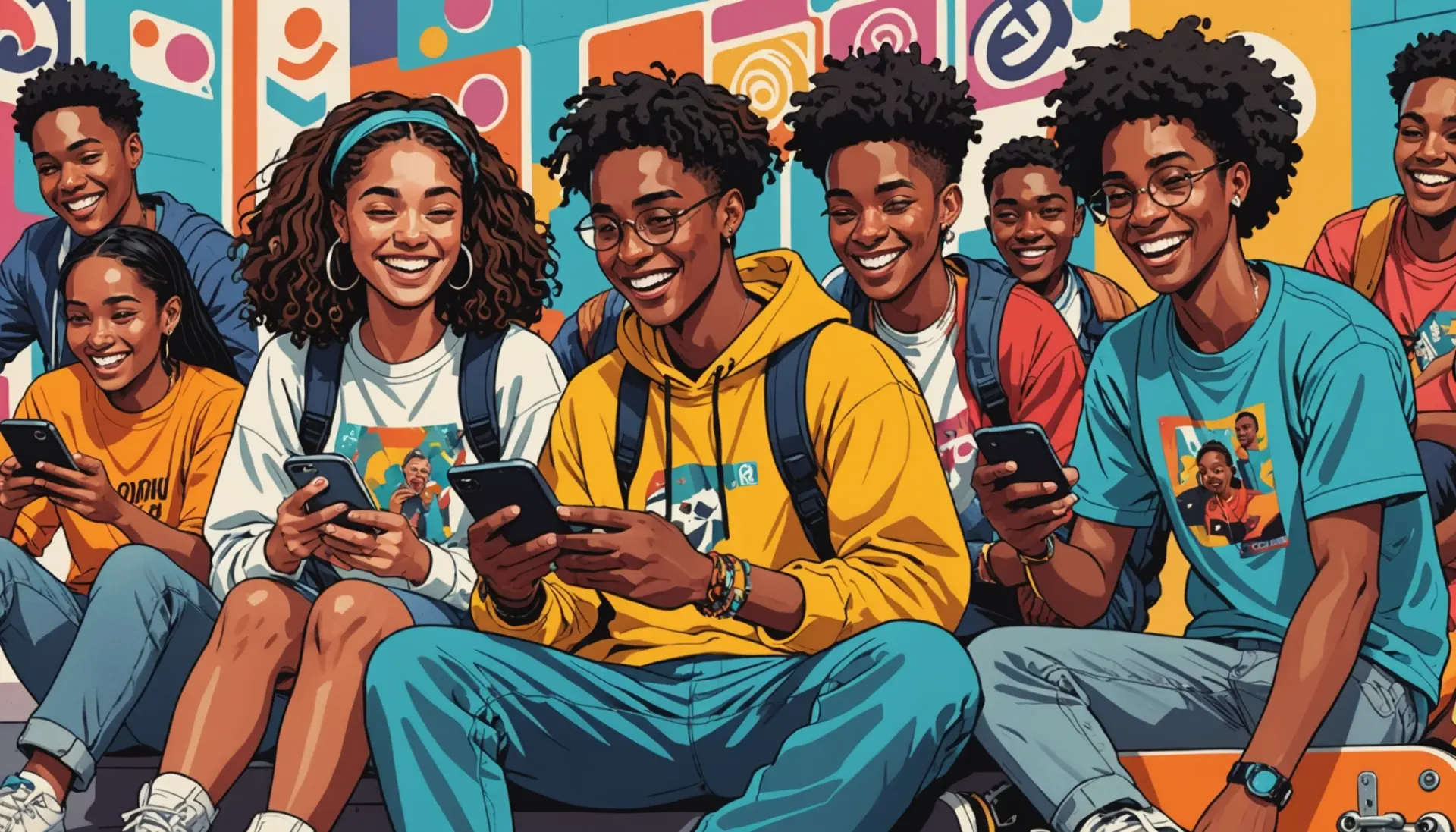 Editorial illustration showing people reading 'tanner urban dictionary' on a phone, colorful and vibrant