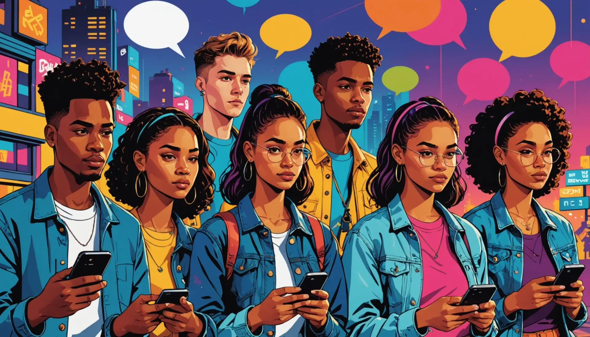 Editorial illustration of young people reacting 'mid slang' online
