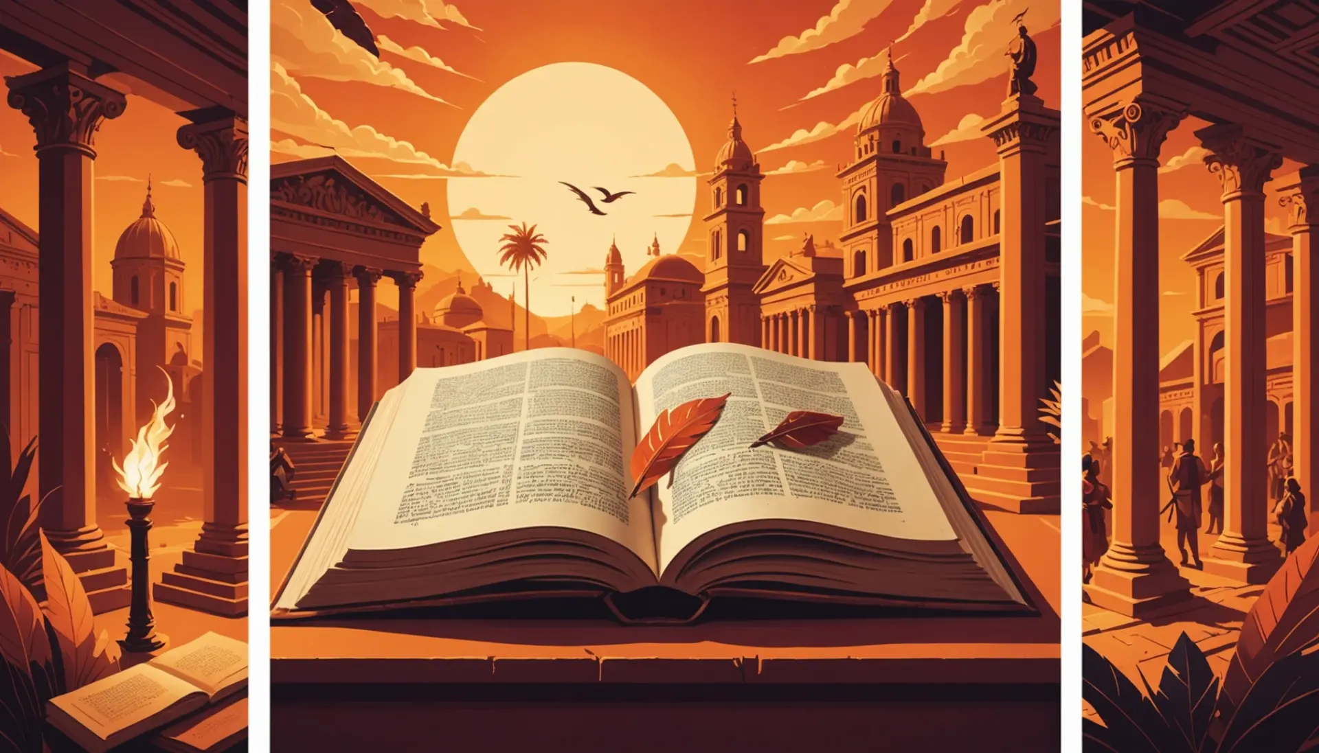 Editorial illustration showing different meanings of what does romans mean with book, city, and fandom visuals