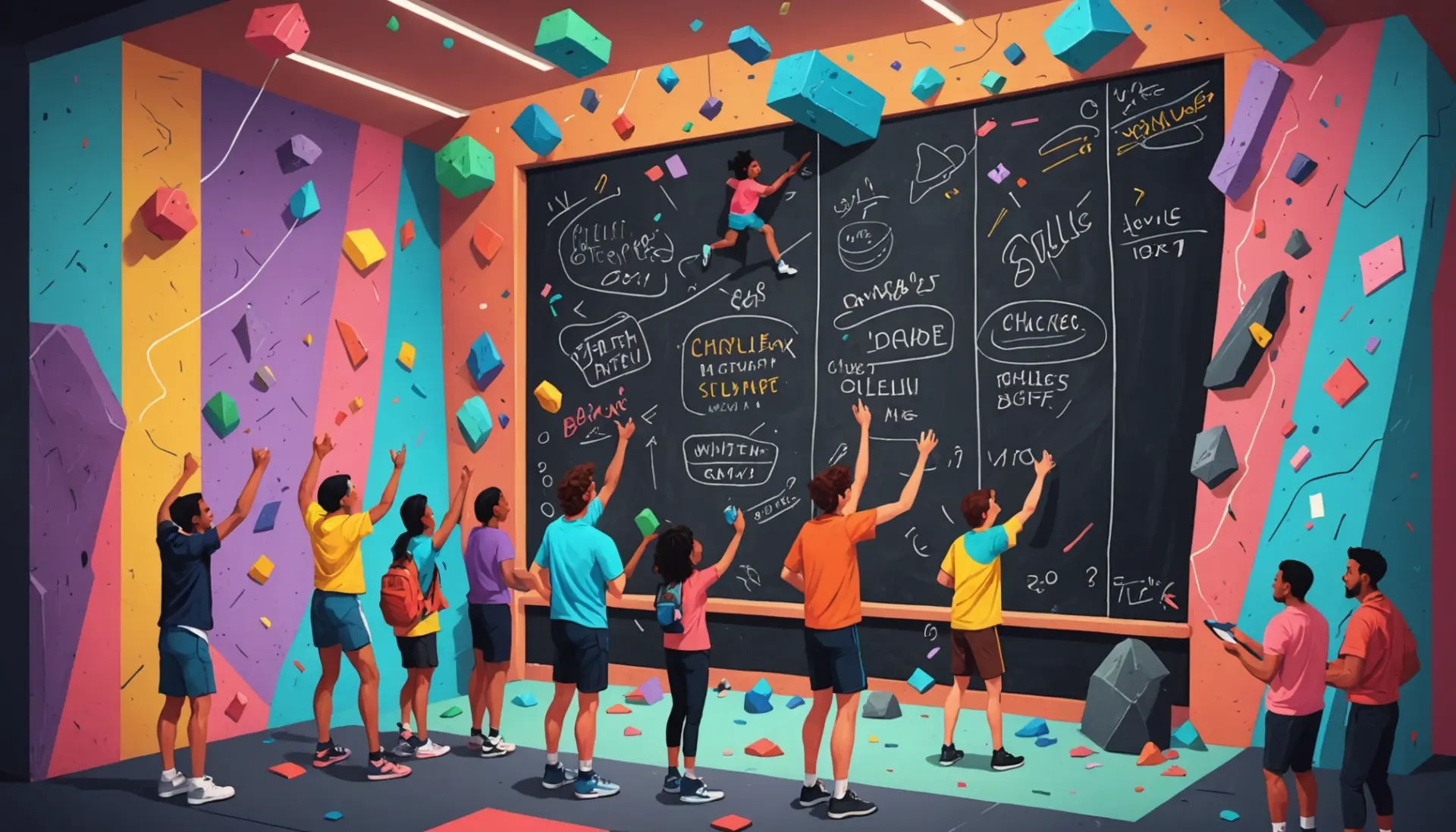 Editorial illustration showing a sportsbook chalkboard and climber with chalk, representing chalk slang meaning
