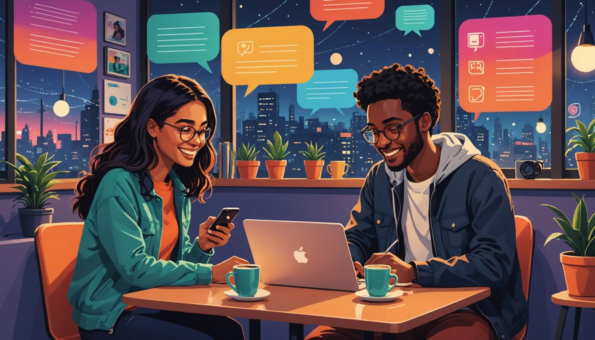 Editorial illustration showing people texting and a laptop with the phrase agc meaning slang floating as icons