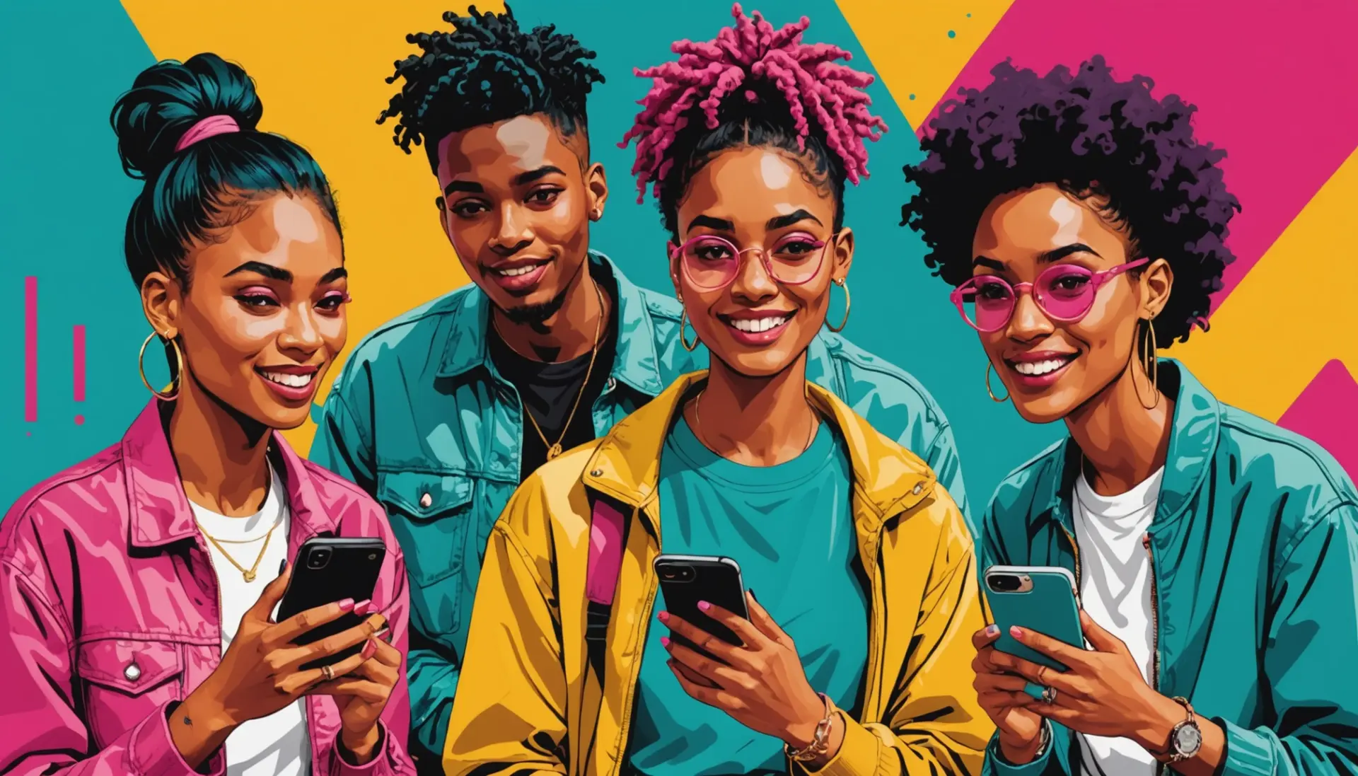 Editorial illustration showing young people reacting to the phrase mid in slang