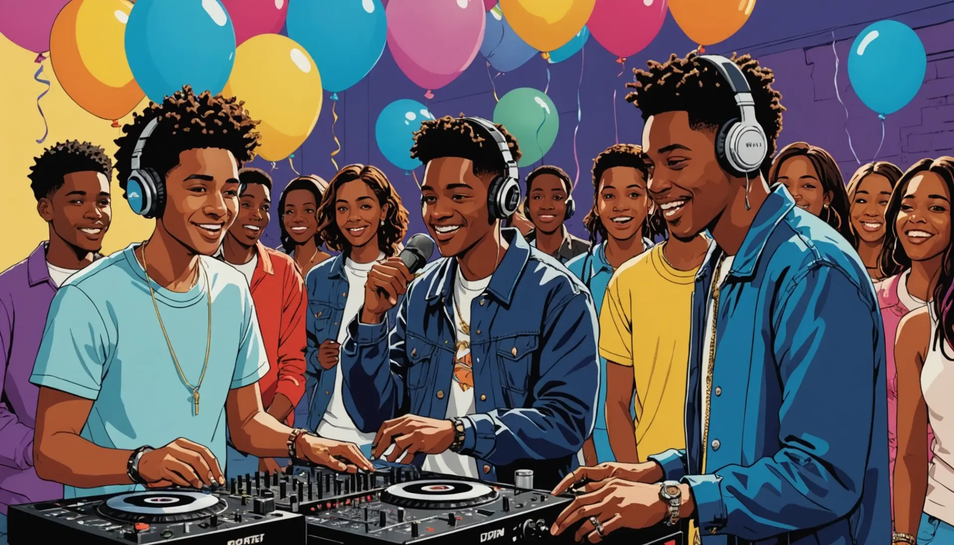 Editorial illustration of people celebrating a sweet sixteen and a rapper performing a 16-bar verse, caption hinting at 16 urban dictionary