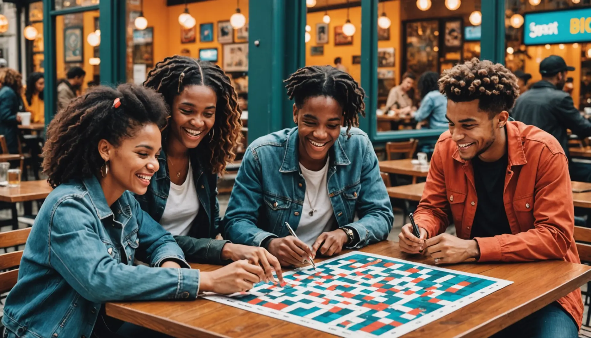 Editorial illustration showing people solving crosswords with the phrase slang for huge crossword clue implied