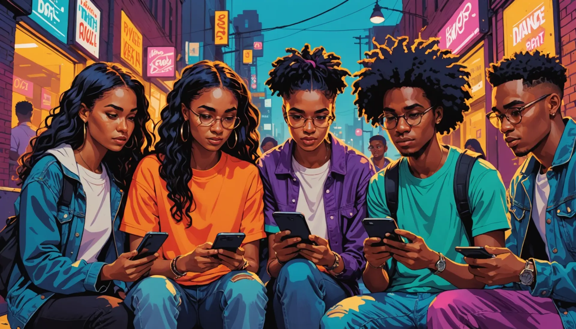 Illustration of people around a phone searching 'honky urban dictionary'