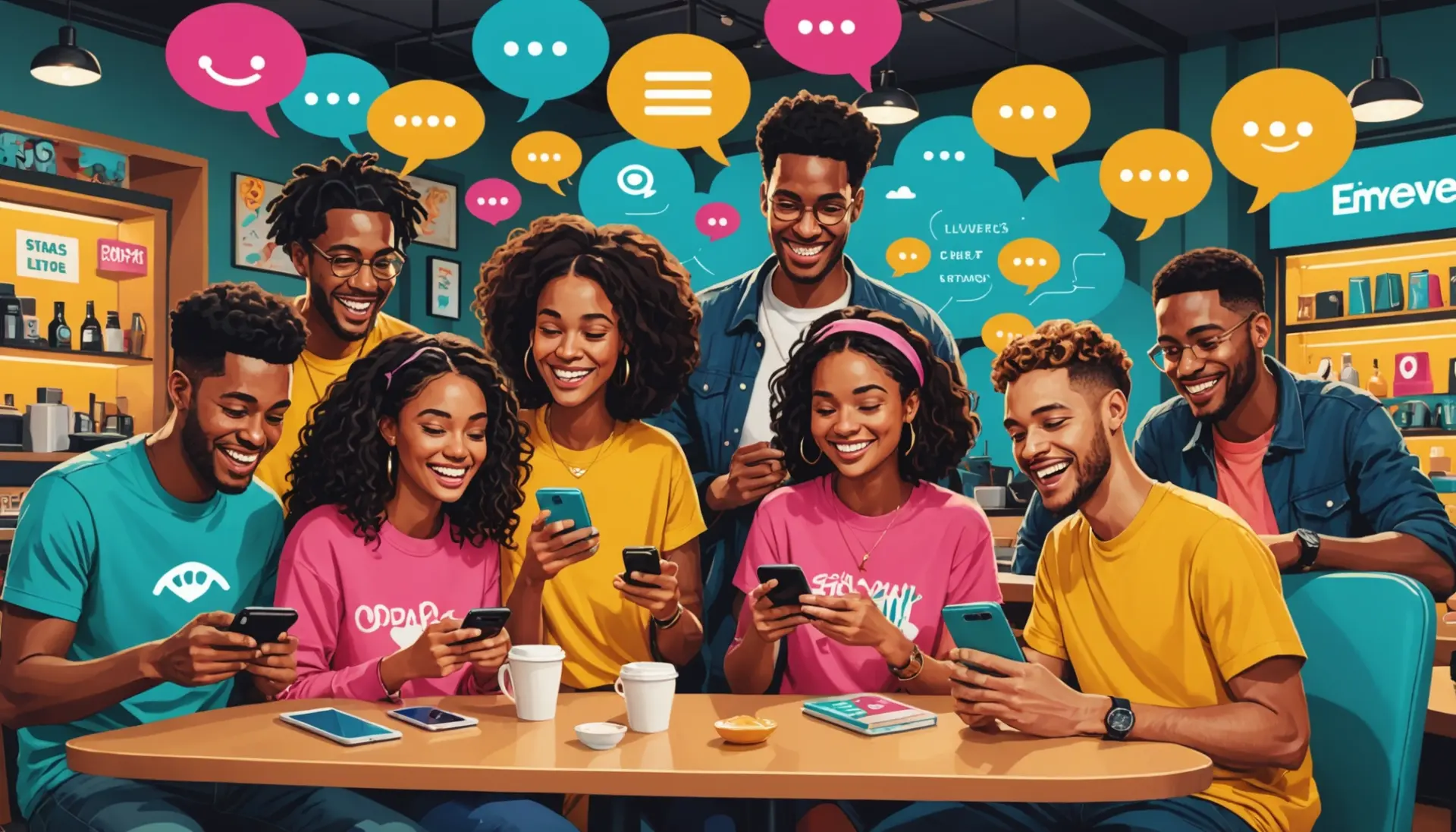 Illustration showing people decoding word meaning in text slang on smartphones