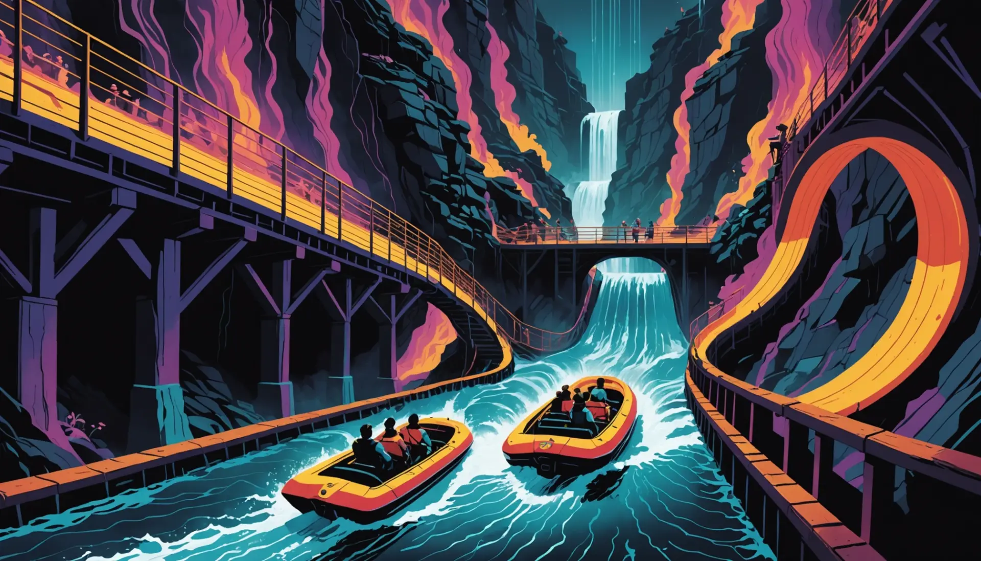 Editorial illustration of the phrase what does flume mean showing a water channel and a musician, representing both literal and slang senses
