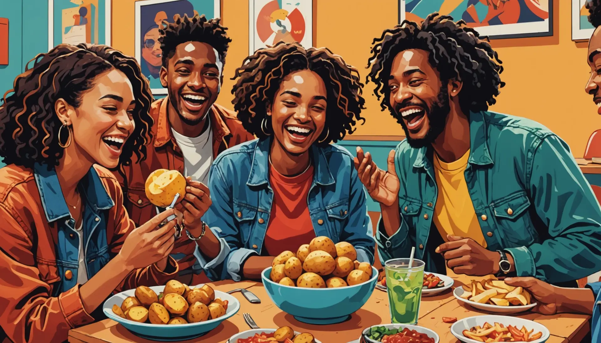 Editorial illustration showing friends jokingly calling someone a spud, spud meaning slang