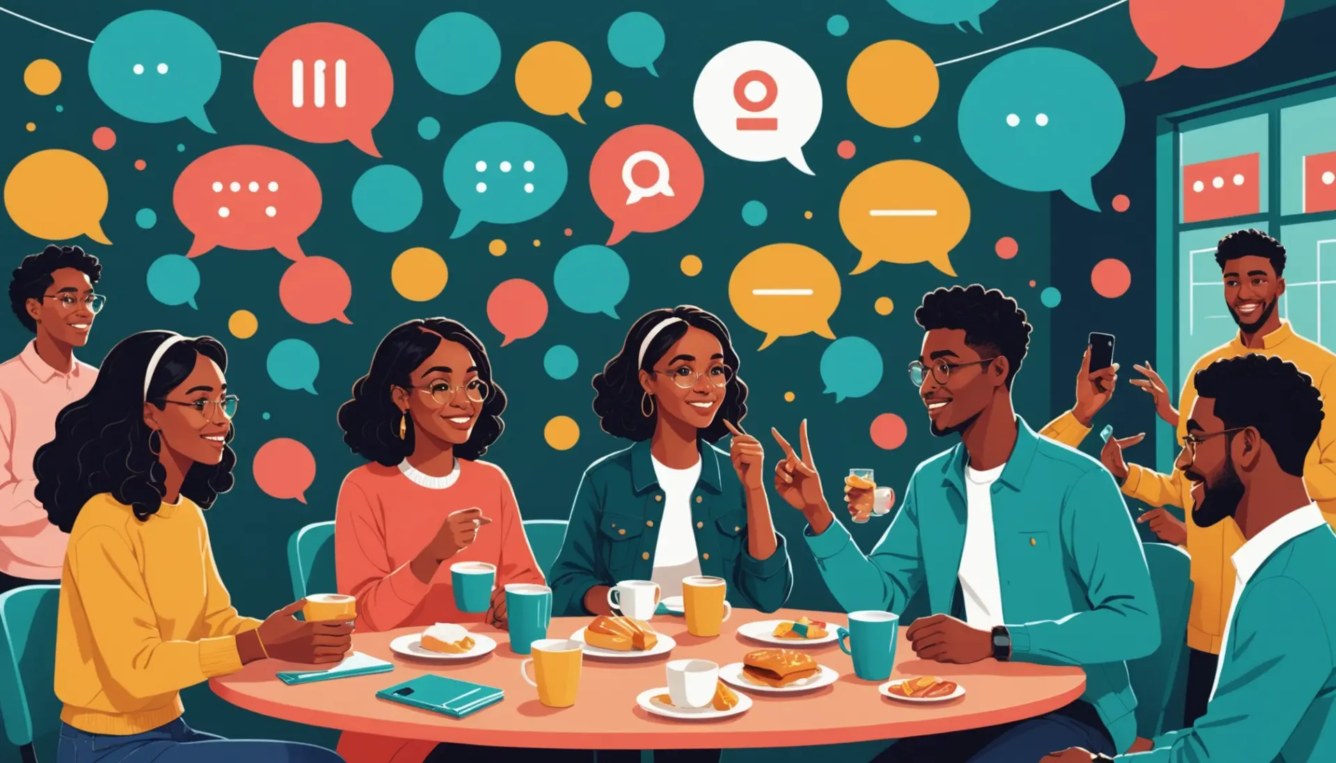 Editorial illustration showing young people reacting to the phrase 'huss meaning slang' in chat bubbles