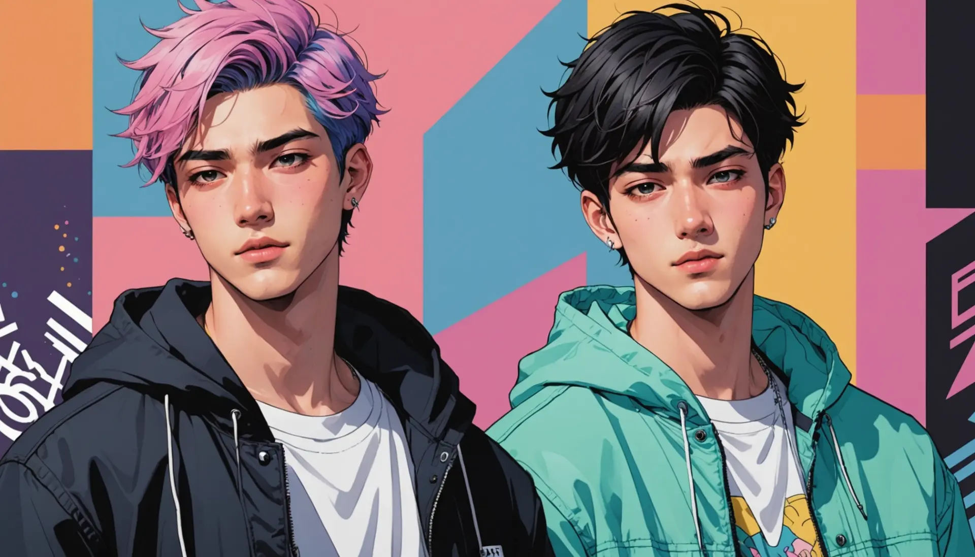 Editorial illustration showing two male characters in a tender pose, evoking the question what does yaoi mean