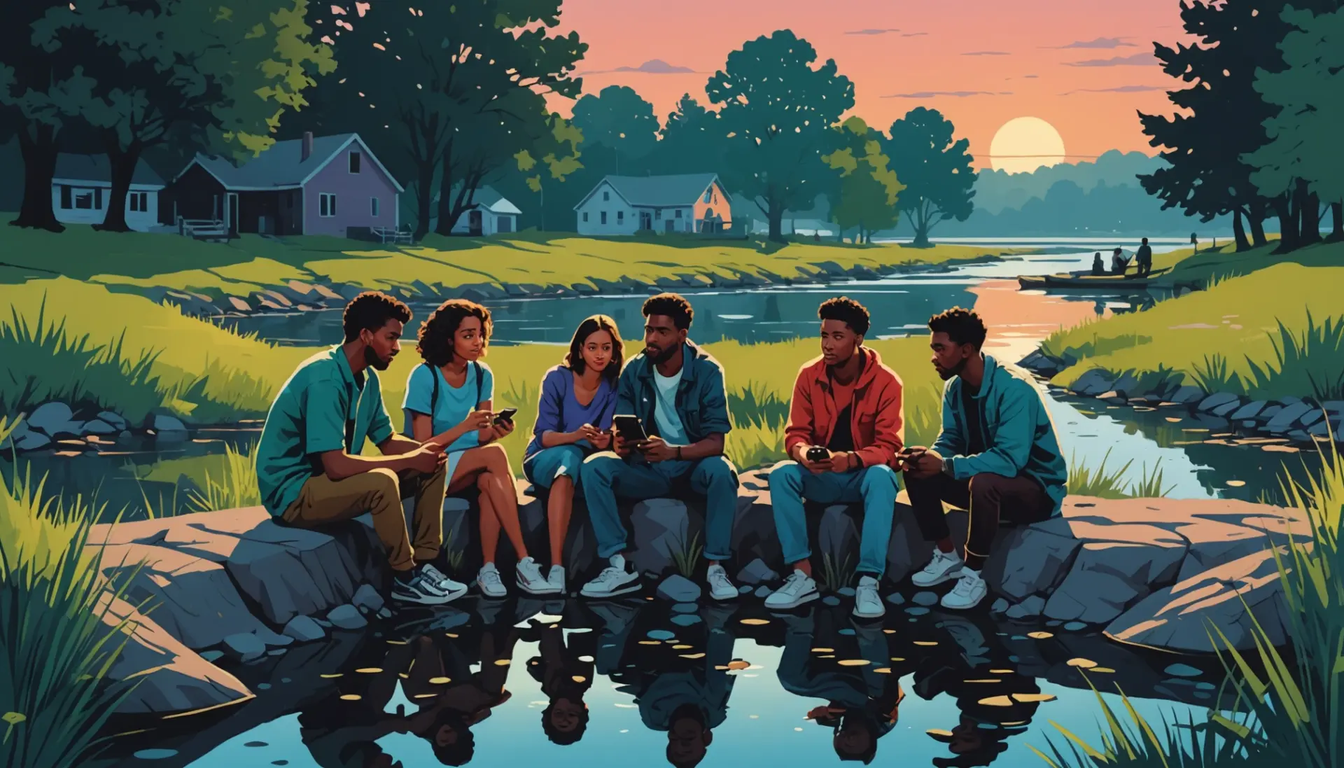 Illustration showing people and a calm creek, with caption mood suggesting quiet on the creek meaning urban dictionary