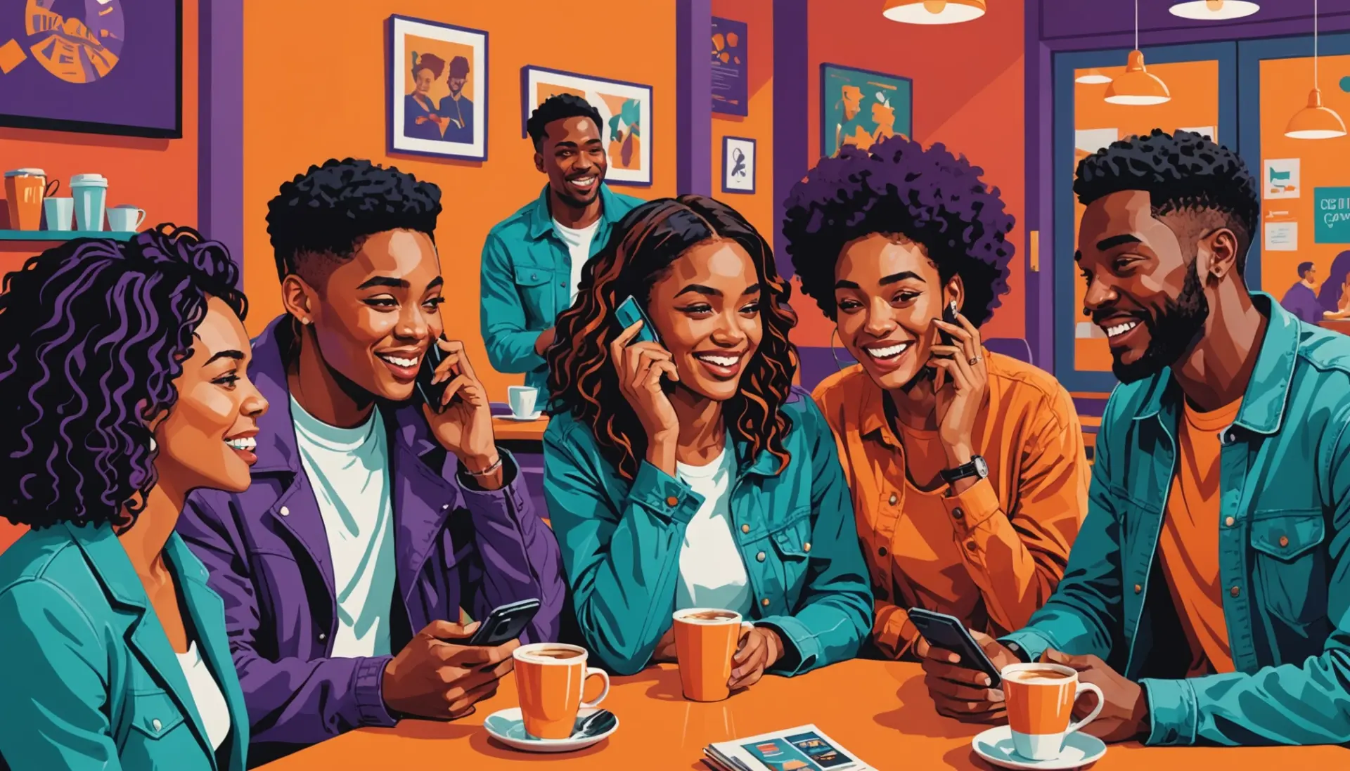 Editorial illustration showing young people using phones with the phrase out of pocket meaning slang implied
