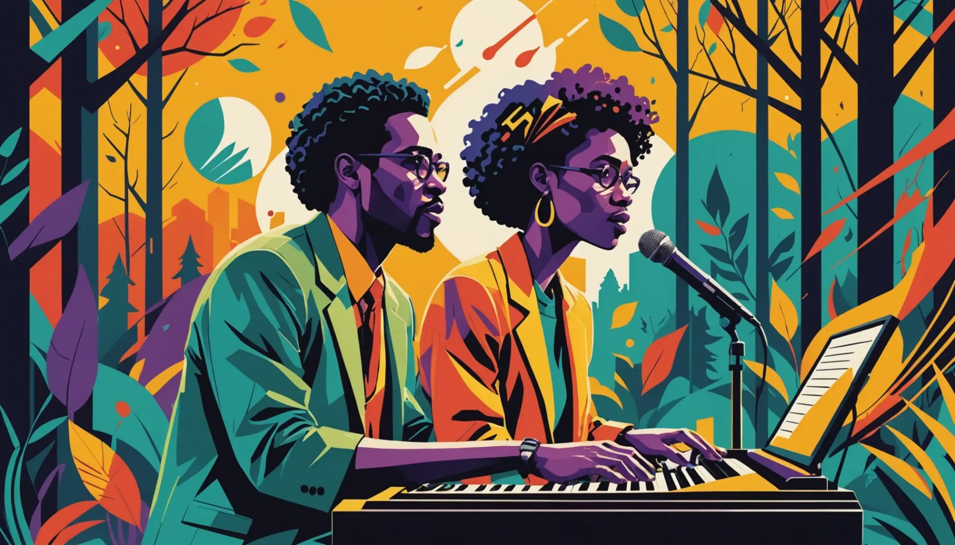 Editorial illustration representing scat meaning urban dictionary with jazz singer, wildlife tracker, and web search imagery
