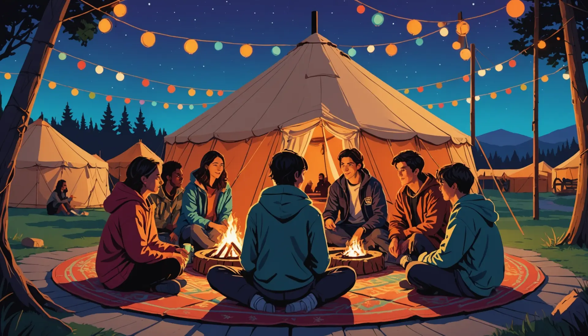 Editorial illustration of friends around a cozy yurt, captioned vibe, showing 'what does yurt mean in slang' context