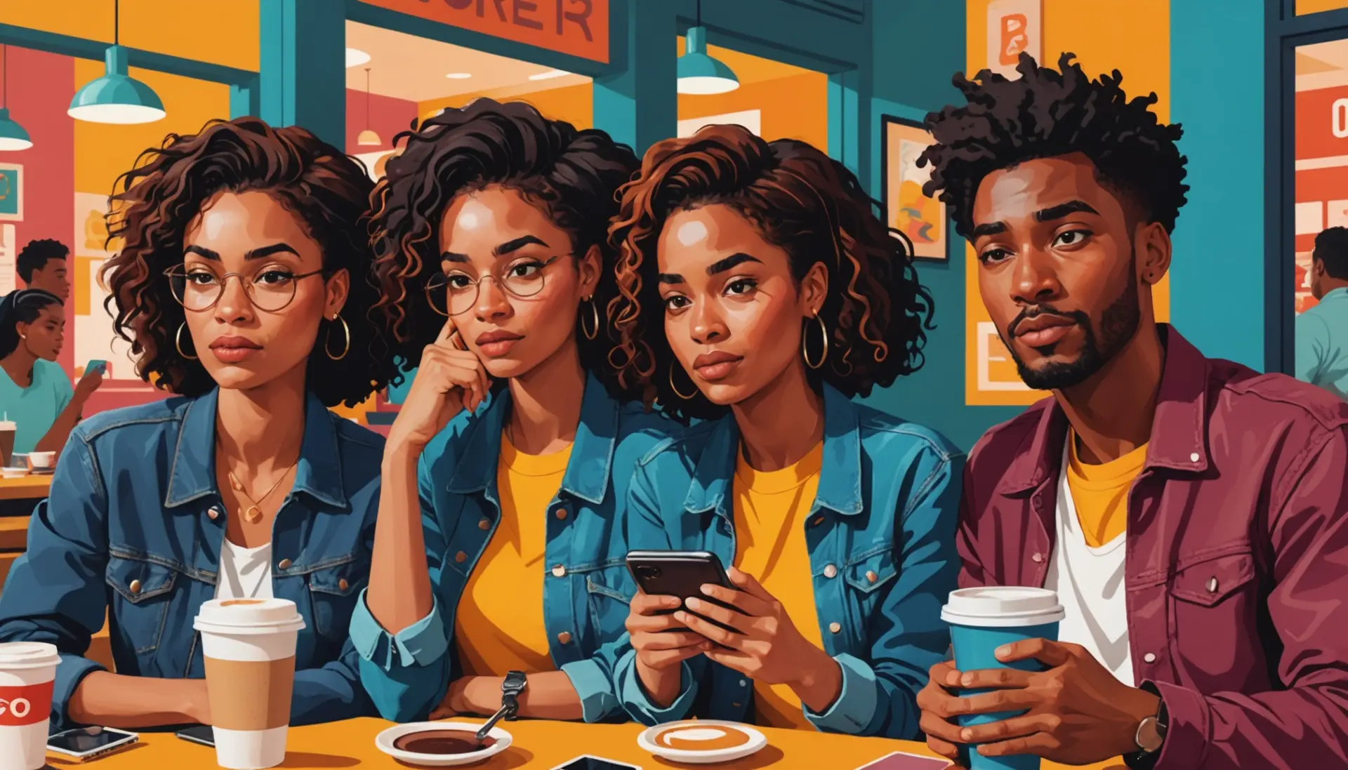 Editorial illustration showing people reacting to the phrase what does bore mean in different social scenes