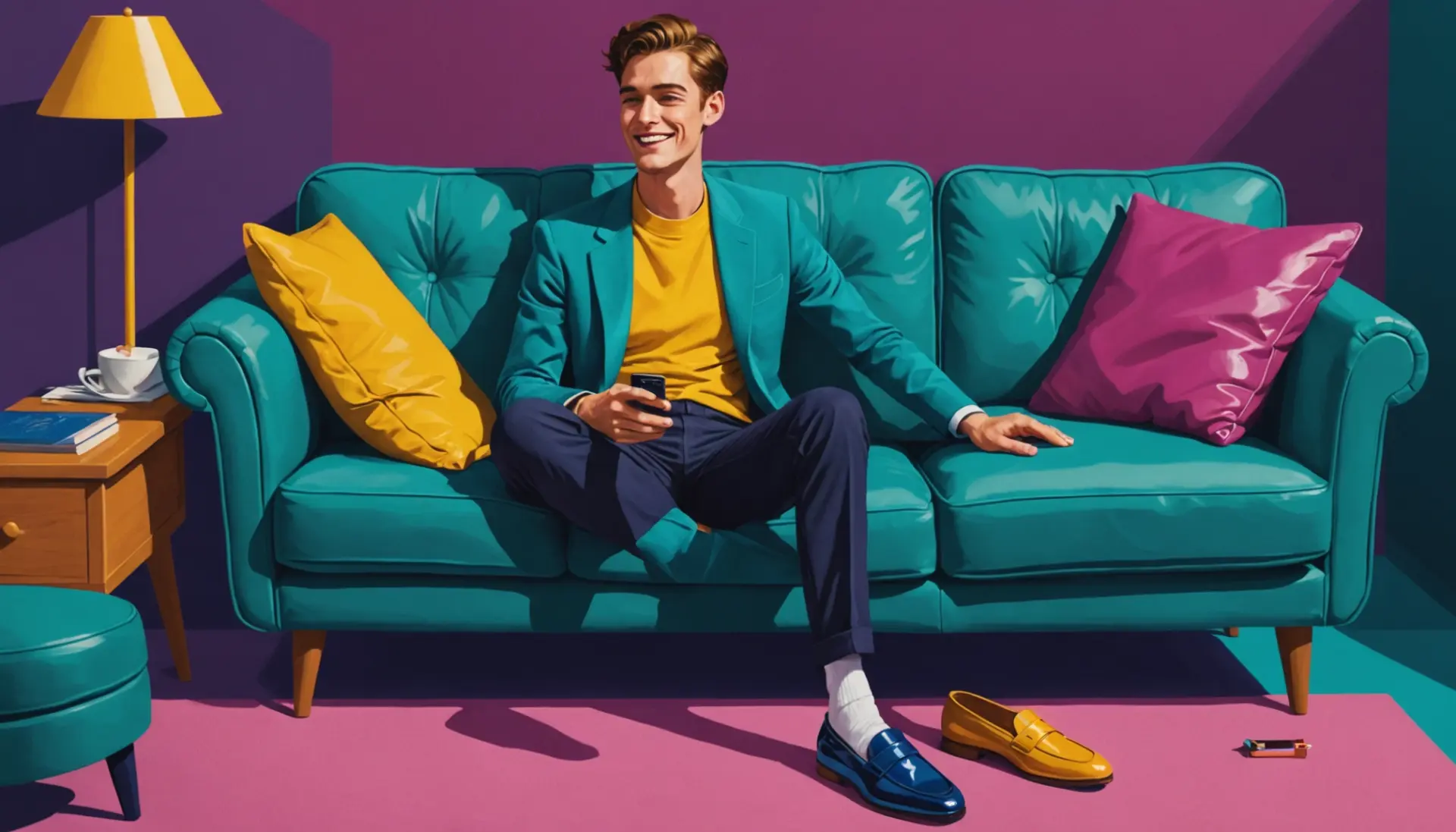 Editorial illustration depicting the phrase what does loafer mean with shoes and a lounging person