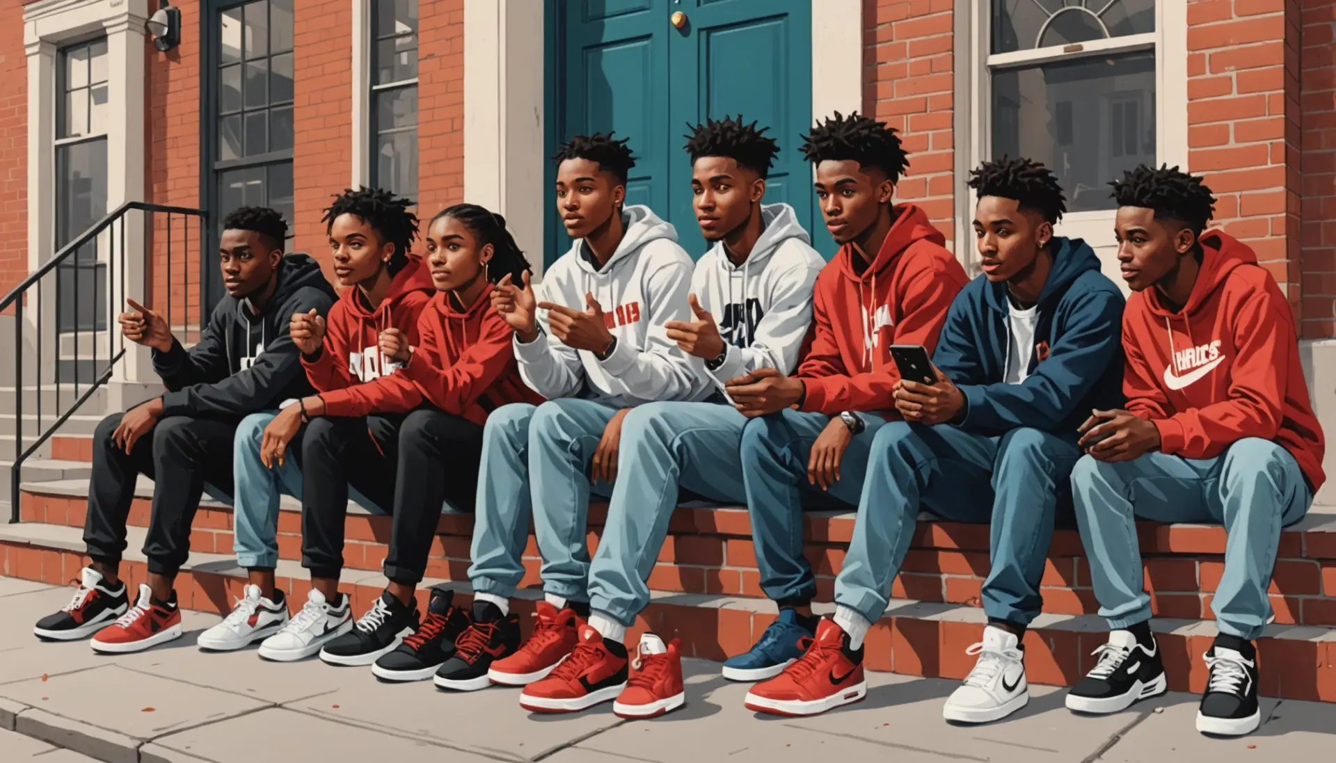 Editorial illustration of people talking about jordan meaning slang with colorful sneakers and social media icons