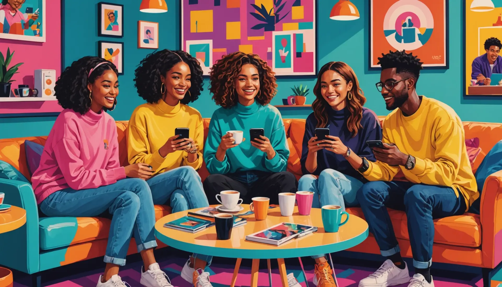 Editorial illustration showing people texting the phrase what does gbf mean in text