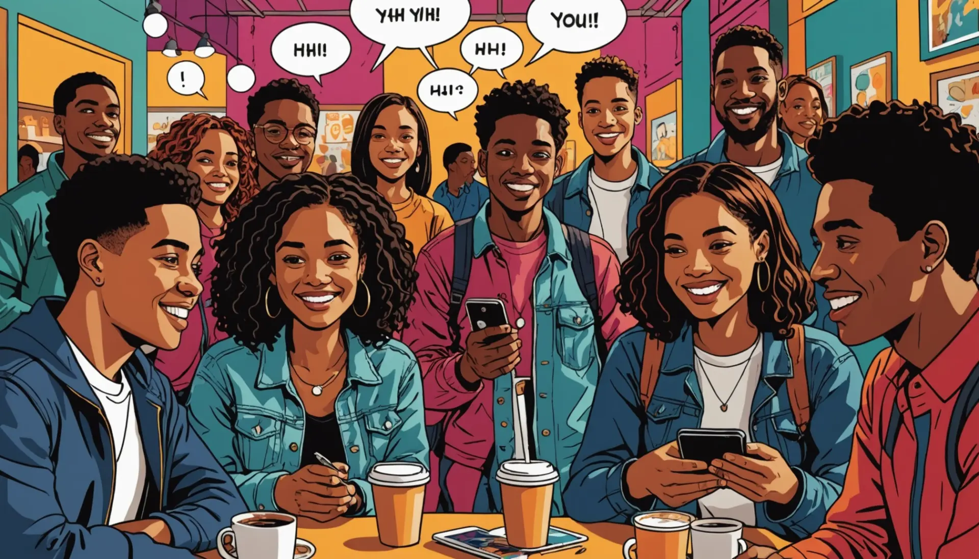 Editorial illustration showing people texting the phrase 'yhh' with speech bubbles, relating to what does yhh mean in text