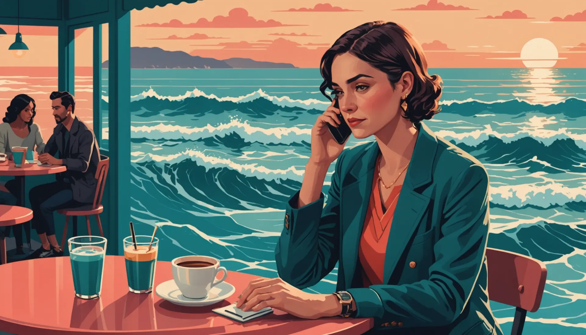 Editorial illustration of young person pondering the phrase what does asea mean with sea imagery