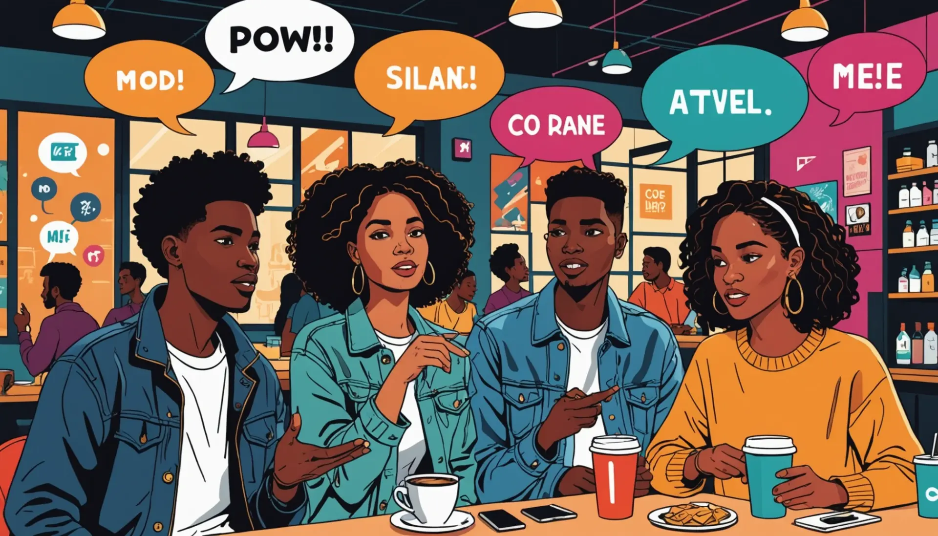 Editorial illustration showing people texting 'aht' with phones and speech bubbles, highlighting aht meaning urban dictionary