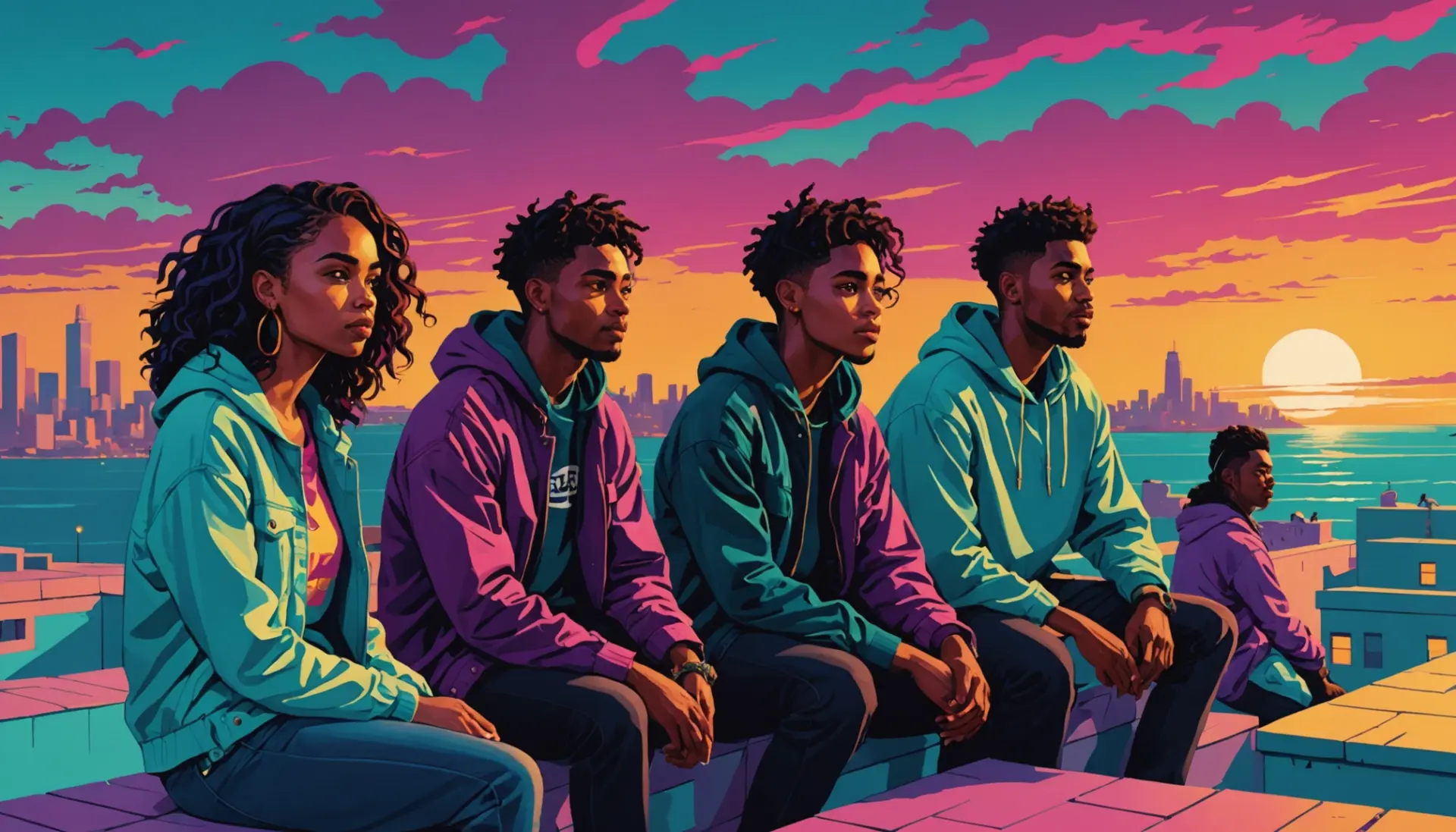 Editorial illustration of young people on a city rooftop feeling 'asea meaning slang' with moody waves and textless thought bubbles